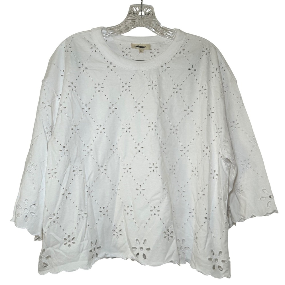 NWT Madewell The Embroidered Boxy Crop Tee in Allday Jersey white women's L boho - Picture 2 of 8